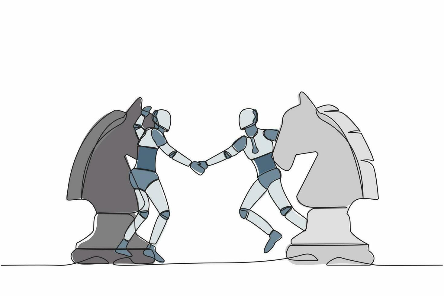 Single one line drawing robot competitors standing on horse chess piece, handshaking after finish agreement. Future technology development industry. Continuous line design graphic vector illustration