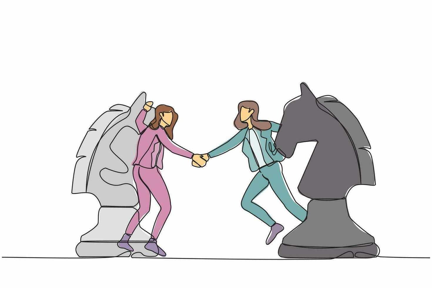 Single continuous line drawing businesswoman competitors standing on horse chess piece, handshaking after finish agreement. Partnership instead of confrontation in competition. One line design vector