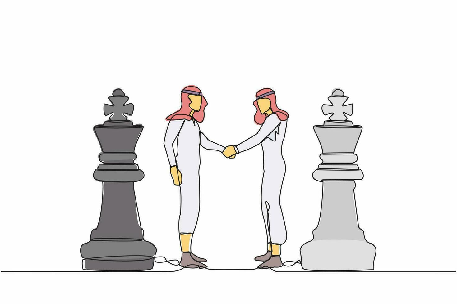 Continuous one line drawing two Arab businessmen shaking hands together while standing between of king chess pieces. Agreement or partnership decision. Single line design vector graphic illustration