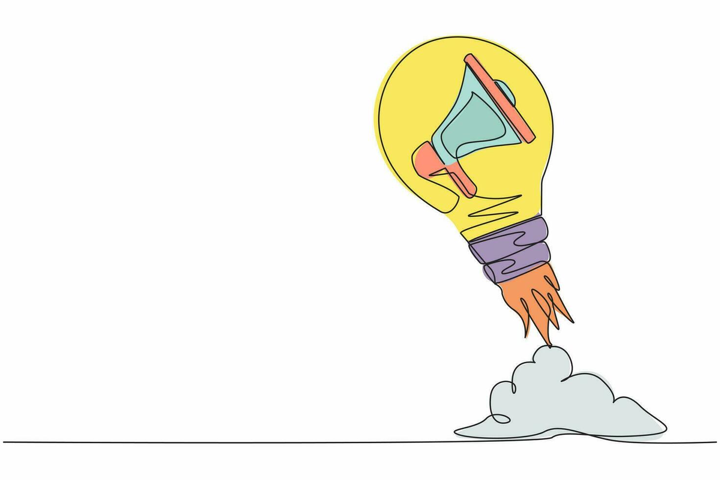 Single continuous line drawing megaphone launching with light bulb. Startup project acceleration. Successful portfolio, deal, contract signing. Dynamic one line draw graphic design vector illustration