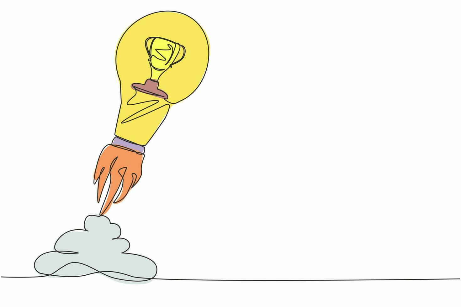 Single continuous line drawing of trophy launching with light bulb. Business startup idea for winning competition. Achievement and boost goals concept. One line draw graphic design vector illustration