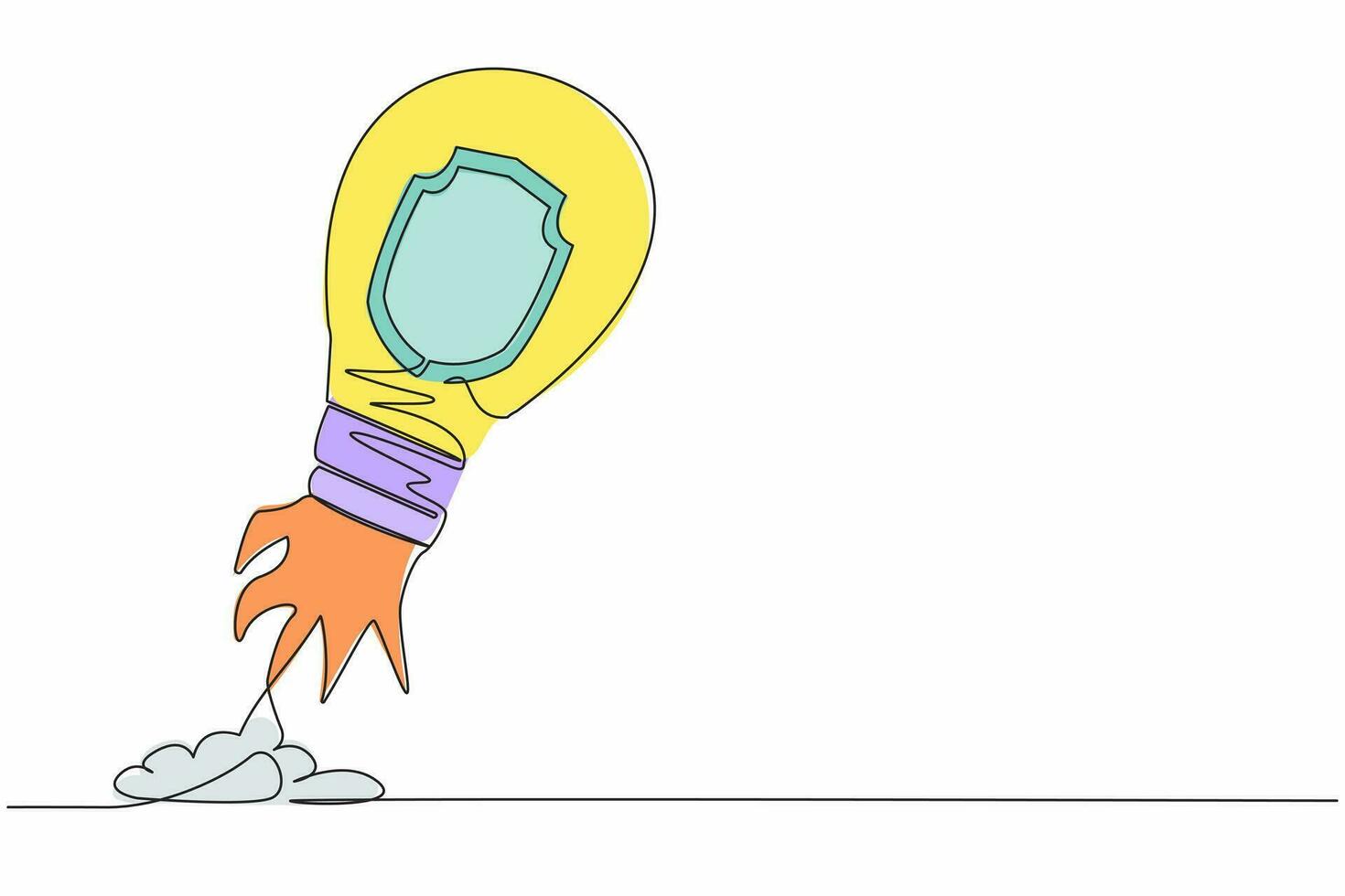 Single one line drawing shield launching with light bulb. Business protection in global competition. Security to launch project or time management. Continuous line design graphic vector illustration