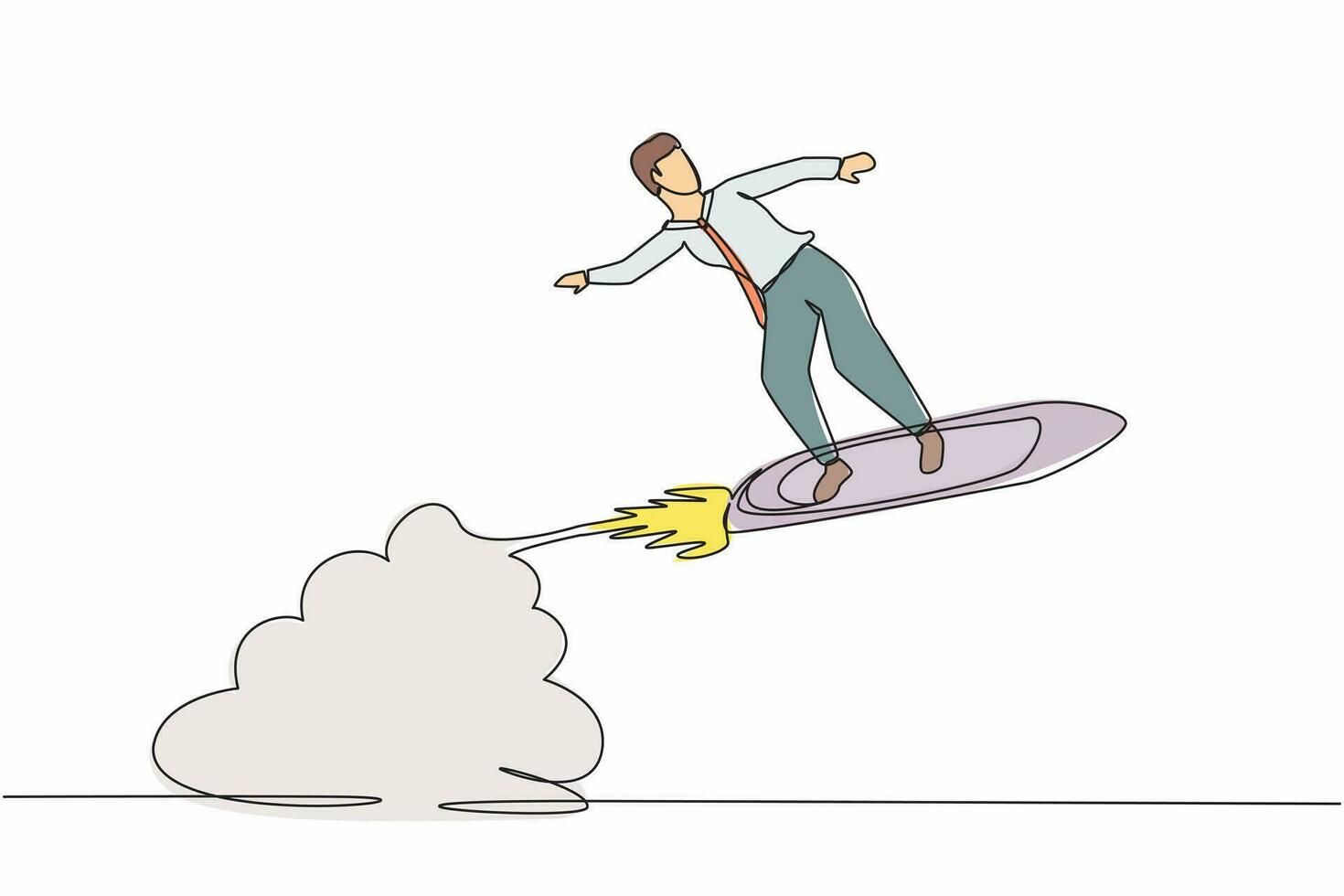 Single one line drawing businessman riding surfing board rocket flying in the sky. Successful trader on peak of profitability. Business success. Continuous line draw design graphic vector illustration