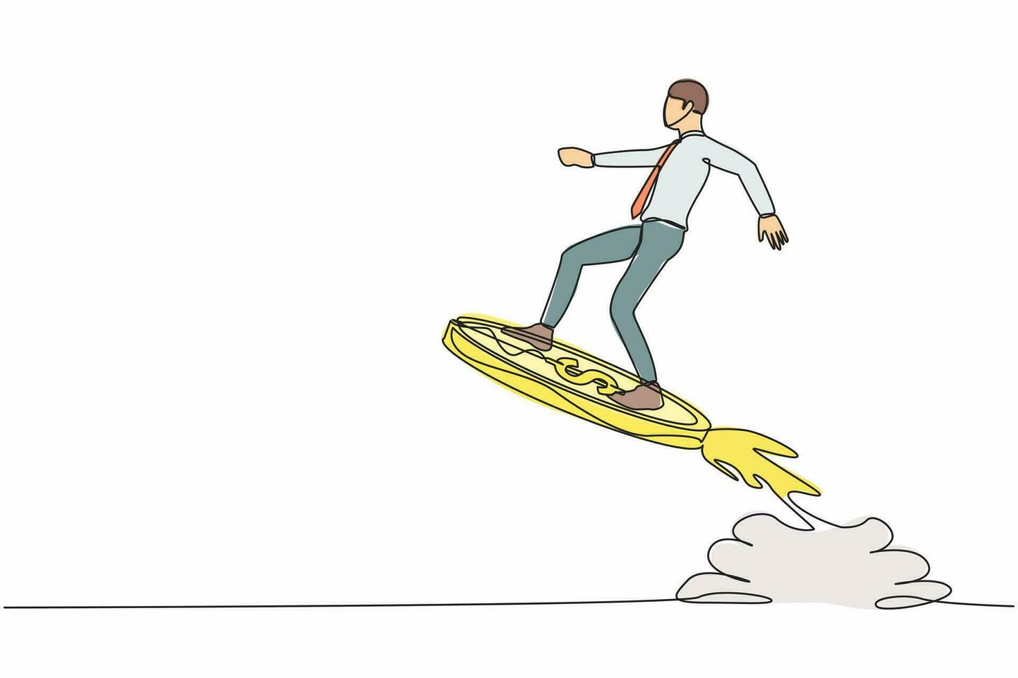 Single continuous line drawing businessman riding dollar coin rocket flying in the sky. Financial boost concept, business opportunity to success with competitors. One line design vector illustration