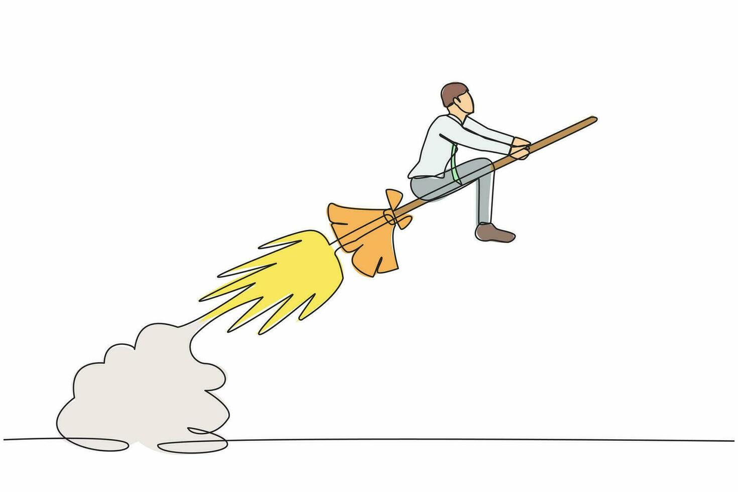 Single continuous line drawing businessman riding broom rocket flying in the sky. Miraculous startup business launch. Unique products offered in market competition. One line design vector illustration