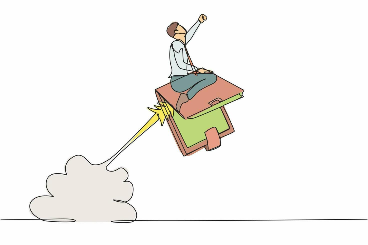 Single one line drawing businessman riding wallet rocket flying in the sky. Achievements in professional financial activities. Prosperous entrepreneur. Continuous line draw design vector illustration