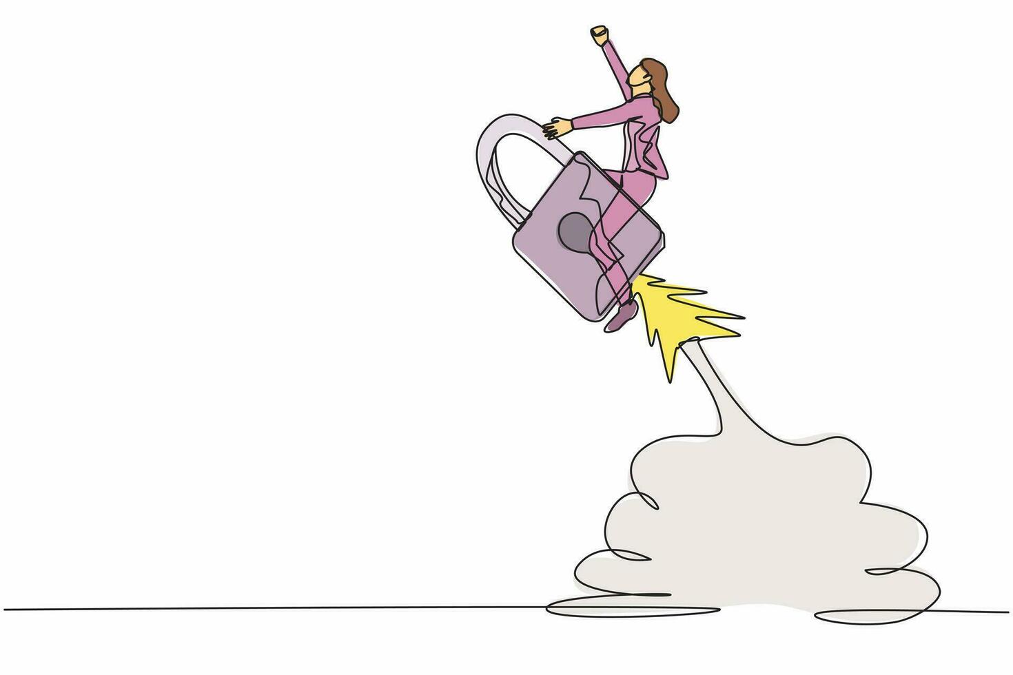 Single continuous line drawing businesswoman riding padlock rocket flying in the sky. Increasing startup business protection. Guarding cash flow of money. One line graphic design vector illustration