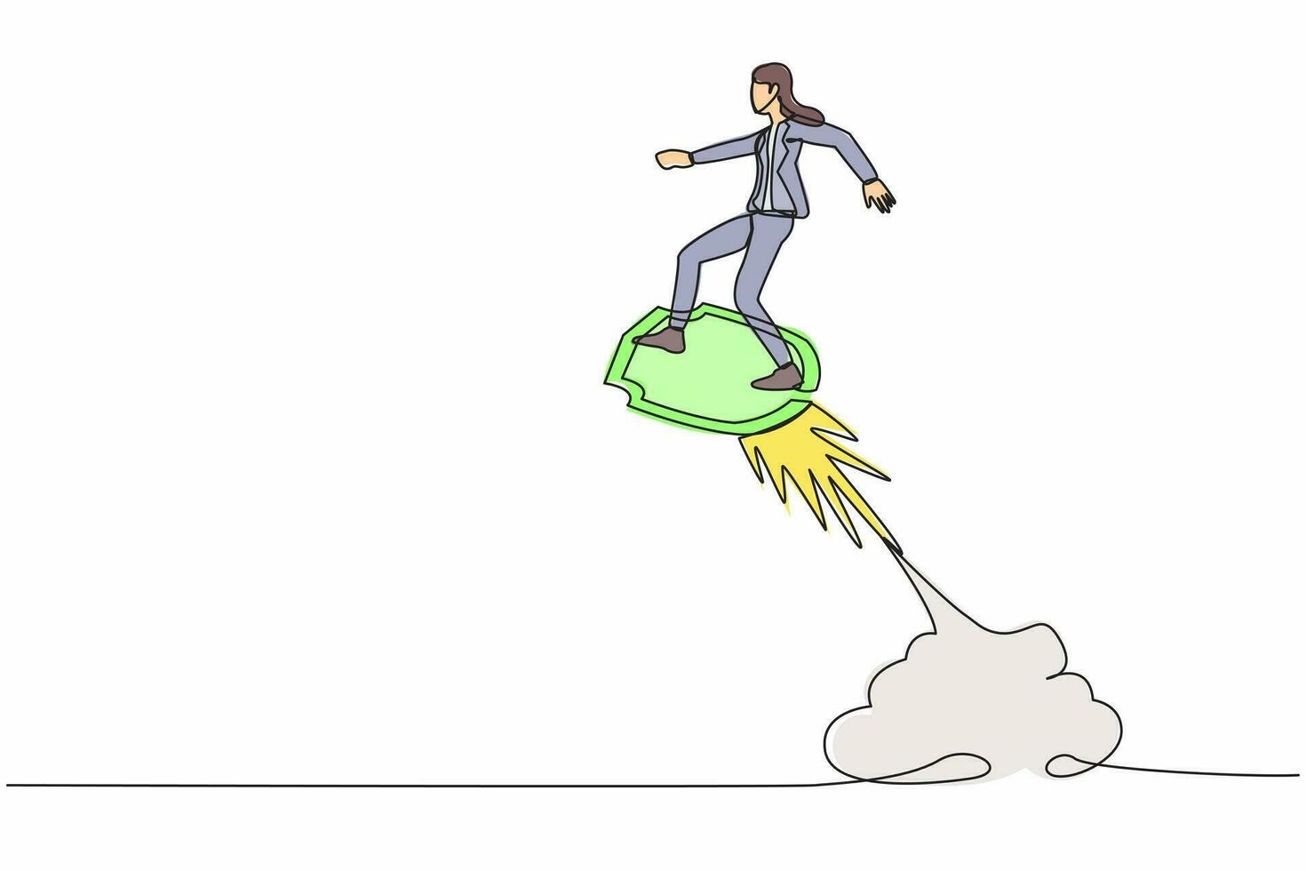 Continuous one line drawing businesswoman riding shield rocket flying in the sky. Business security acceleration to save financial growth concept. Single line draw design vector graphic illustration