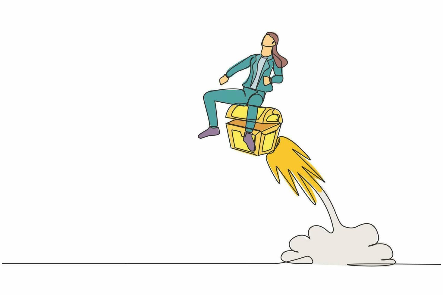 Single one line drawing businesswoman riding treasure chest rocket flying in the sky. Searching hidden chest with gold, jewels with metal detector. Continuous line design graphic vector illustration