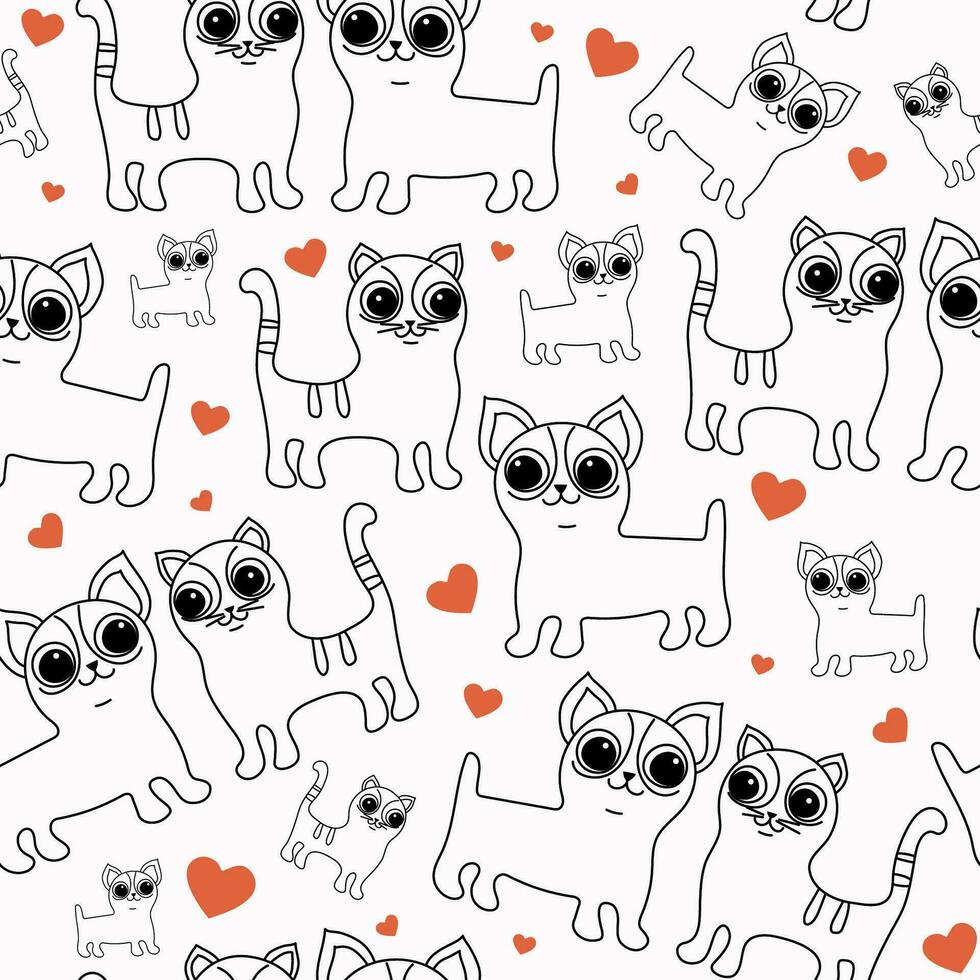 Animal pattern. Cartoon hearts, cat, dog. Seamless background. Hand drawn pet products. A pair of cute pets in love. Doodle style. Vector illustration isolated.