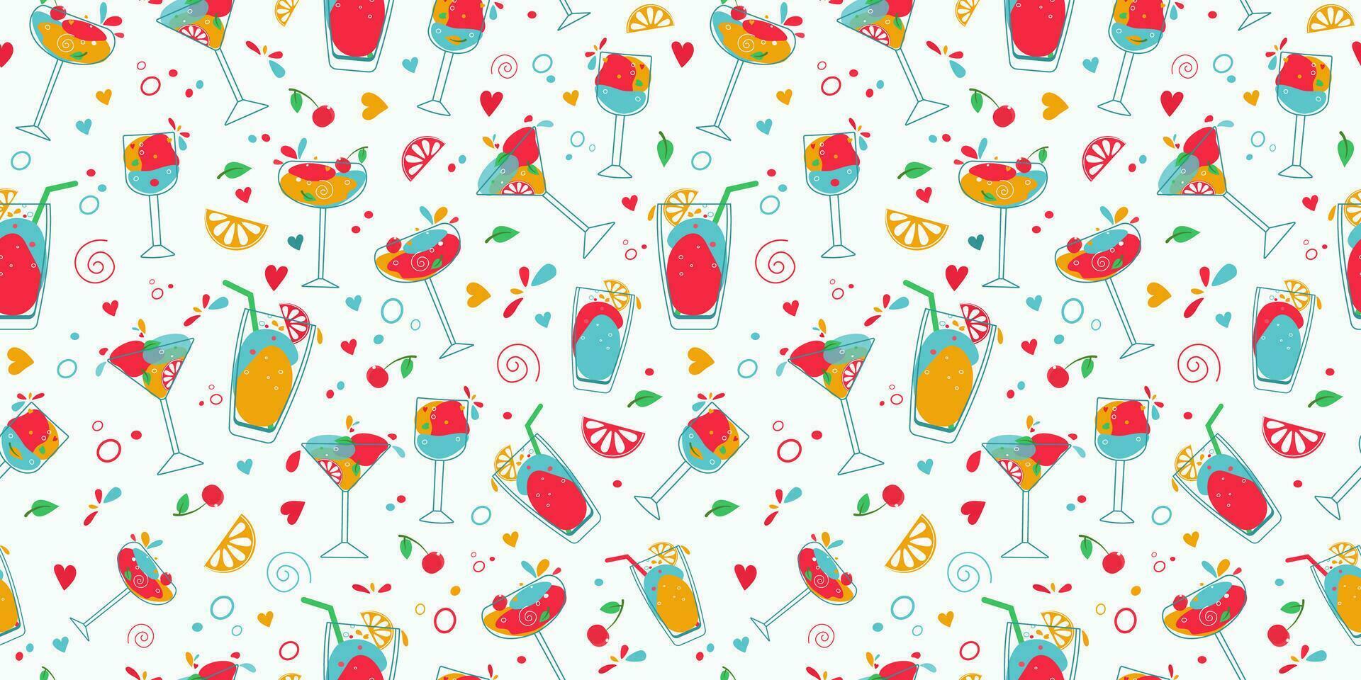 Pattern collection delicious bright cocktails. Multi-colored drinks in glasses. Mixed cold drinks. Fresh exotic tropical beach bar. Alcohol, lemonade, drops of wine, hearts. Seamless background. vector