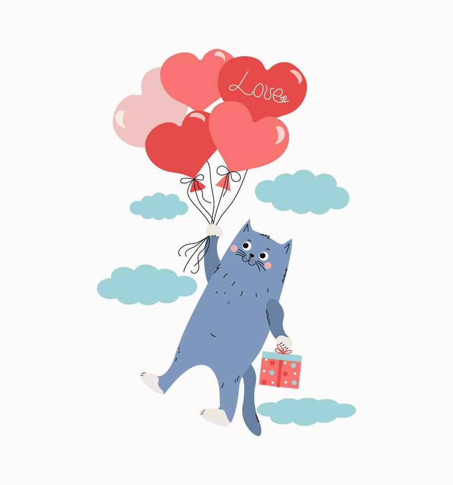 A cartoon cat with a gift box flies on heart-shaped balloons. Happy Kitten. Inscription, the word love. Card design for wedding, birthday, Valentine's Day. Vector illustration.