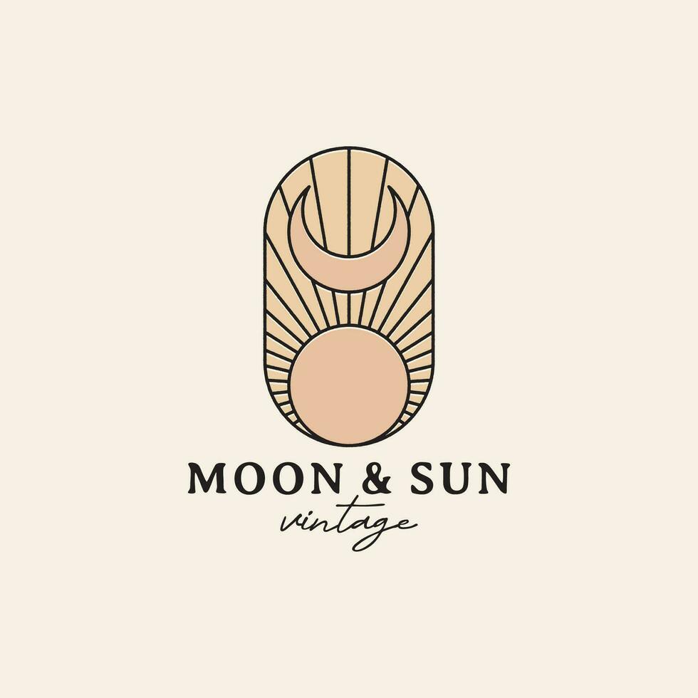Boho vintage linear moon and sun logo design template vector
