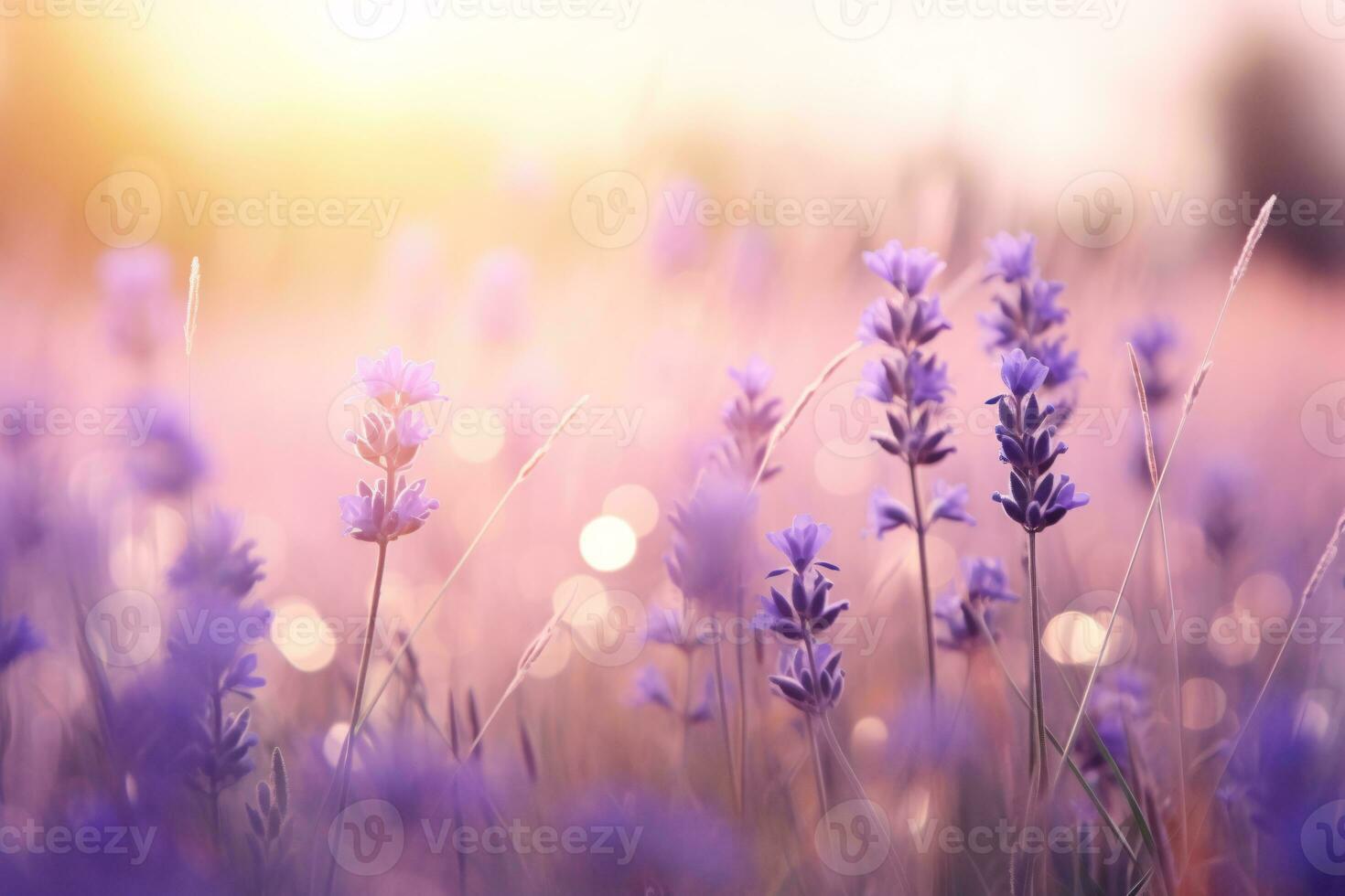 AI generated Blurred Summer Background of Wild Grass and Lavender Flowers. Generative AI photo