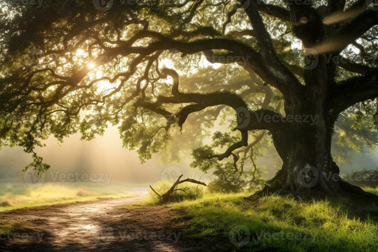 AI generated Old Oak Tree Foliage in Morning Light, Majestic Nature Photography. Generative AI photo