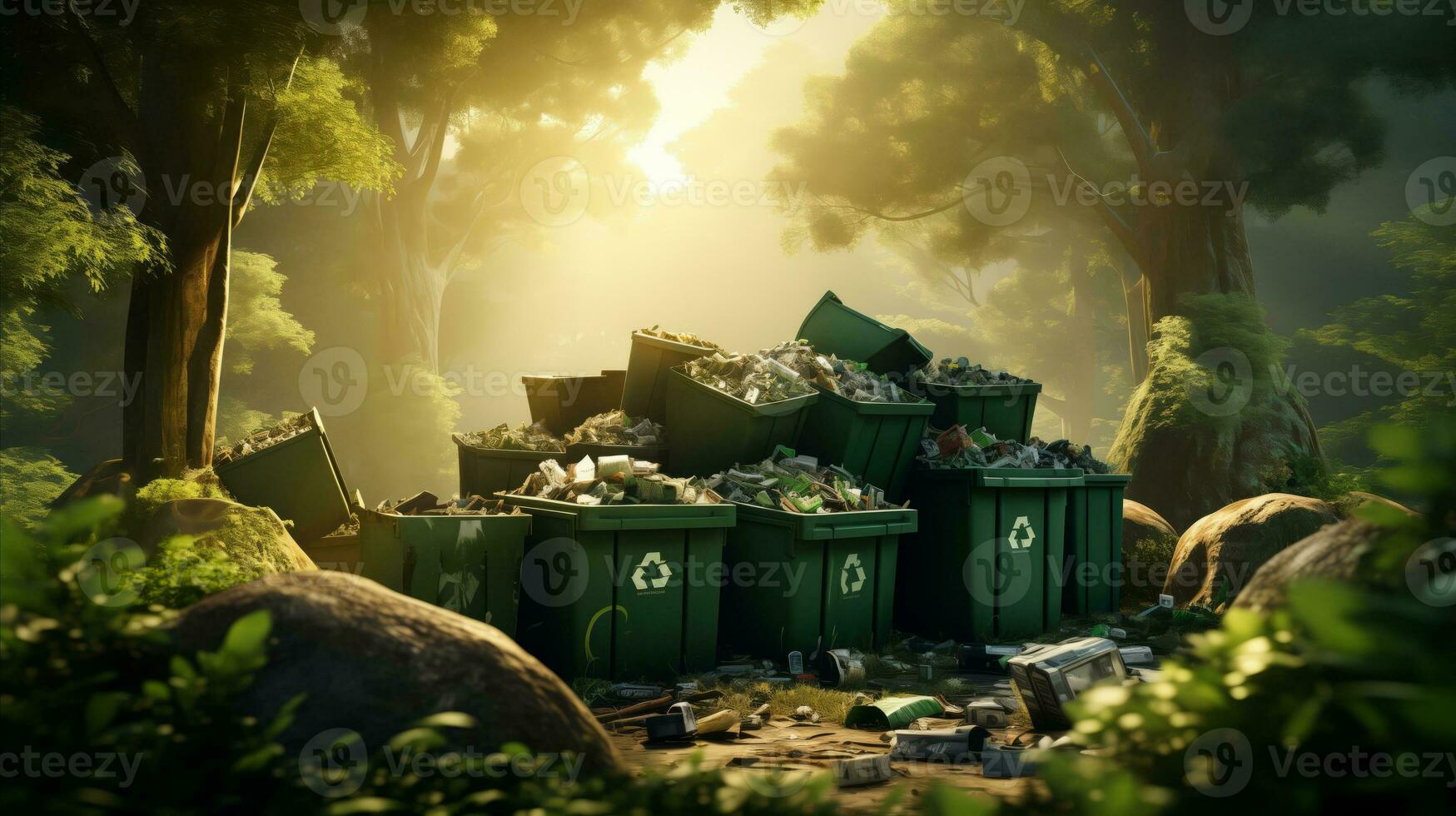 AI generated Trash cans with recycle icon photo