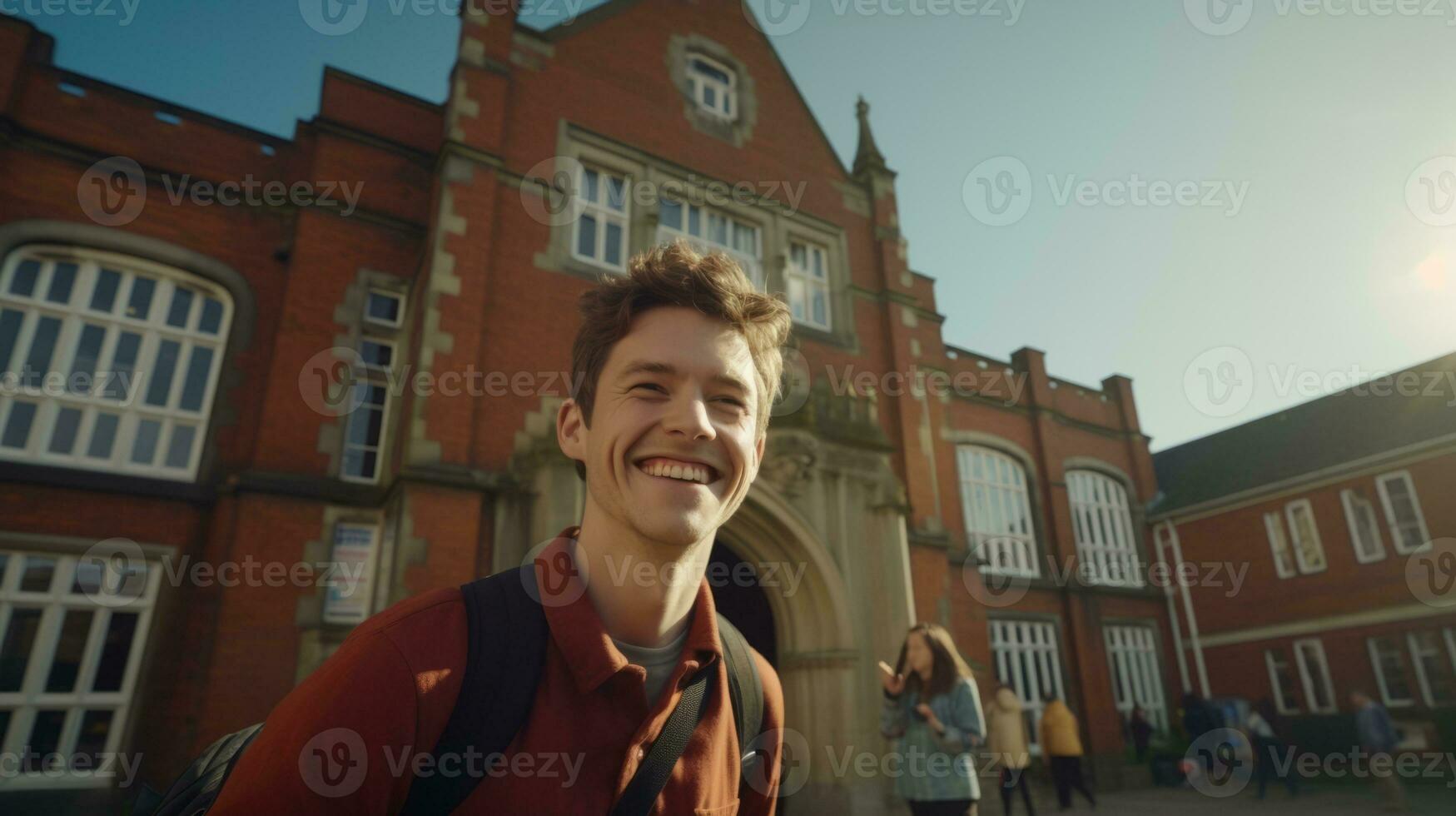 AI generated Adolescent boy posing in front of school. Generative AI photo
