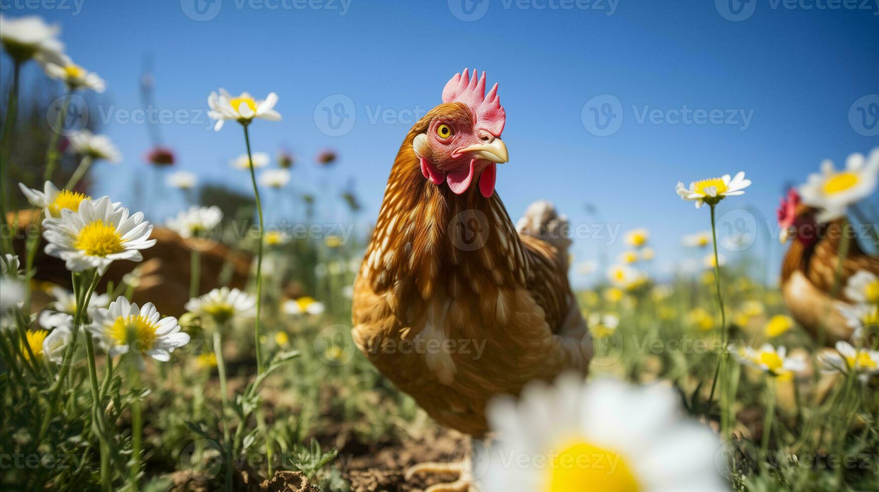 AI generated a large chicken stands in a meadow full of daisies photo