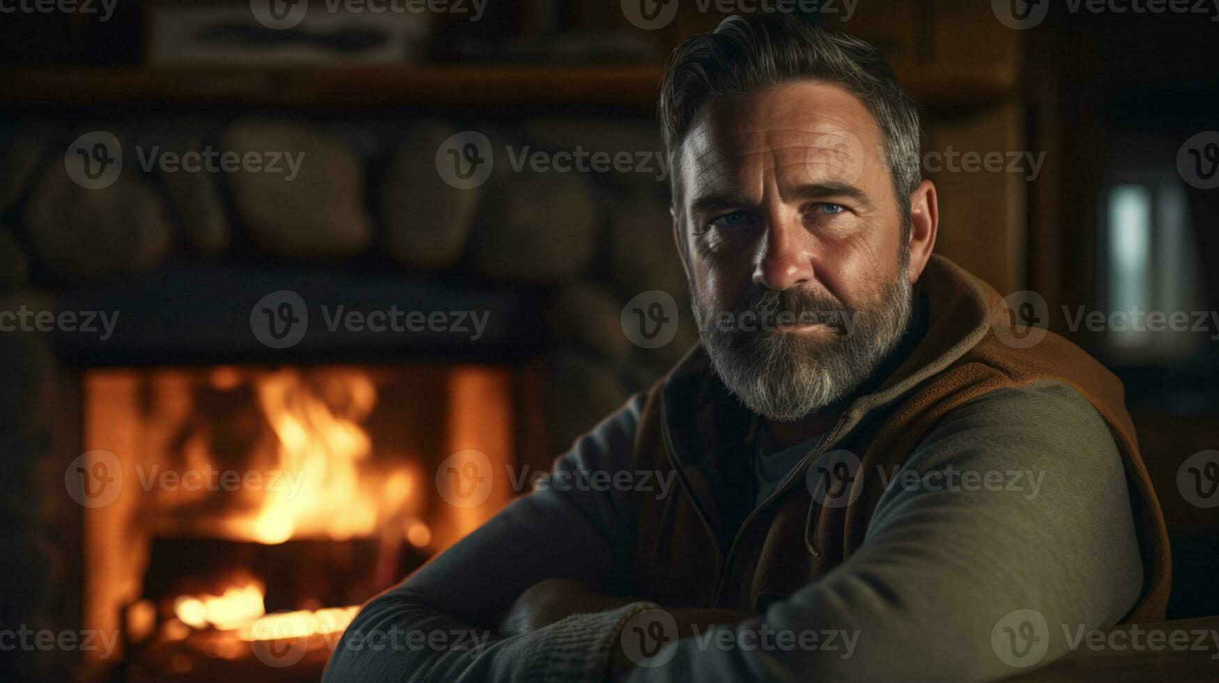 AI generated Handsome man posing in front of fireplace. Generative AI photo