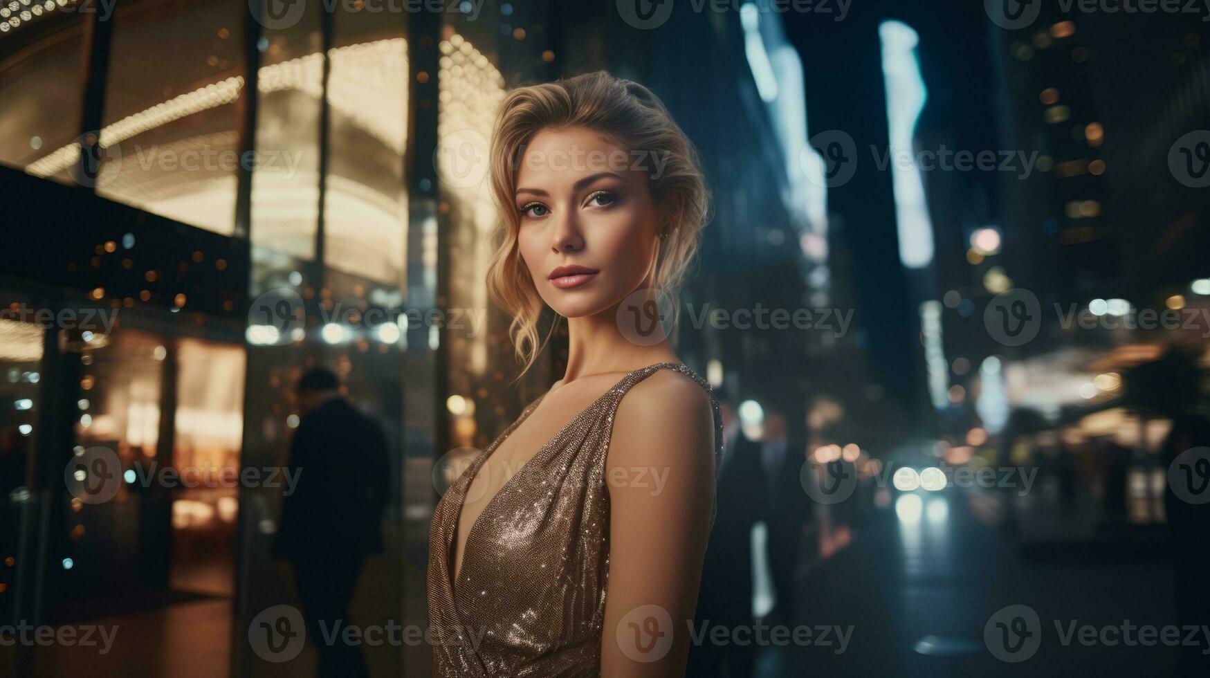 AI generated An elegantly dressed woman poses in front of a boutique on the street in the evening photo