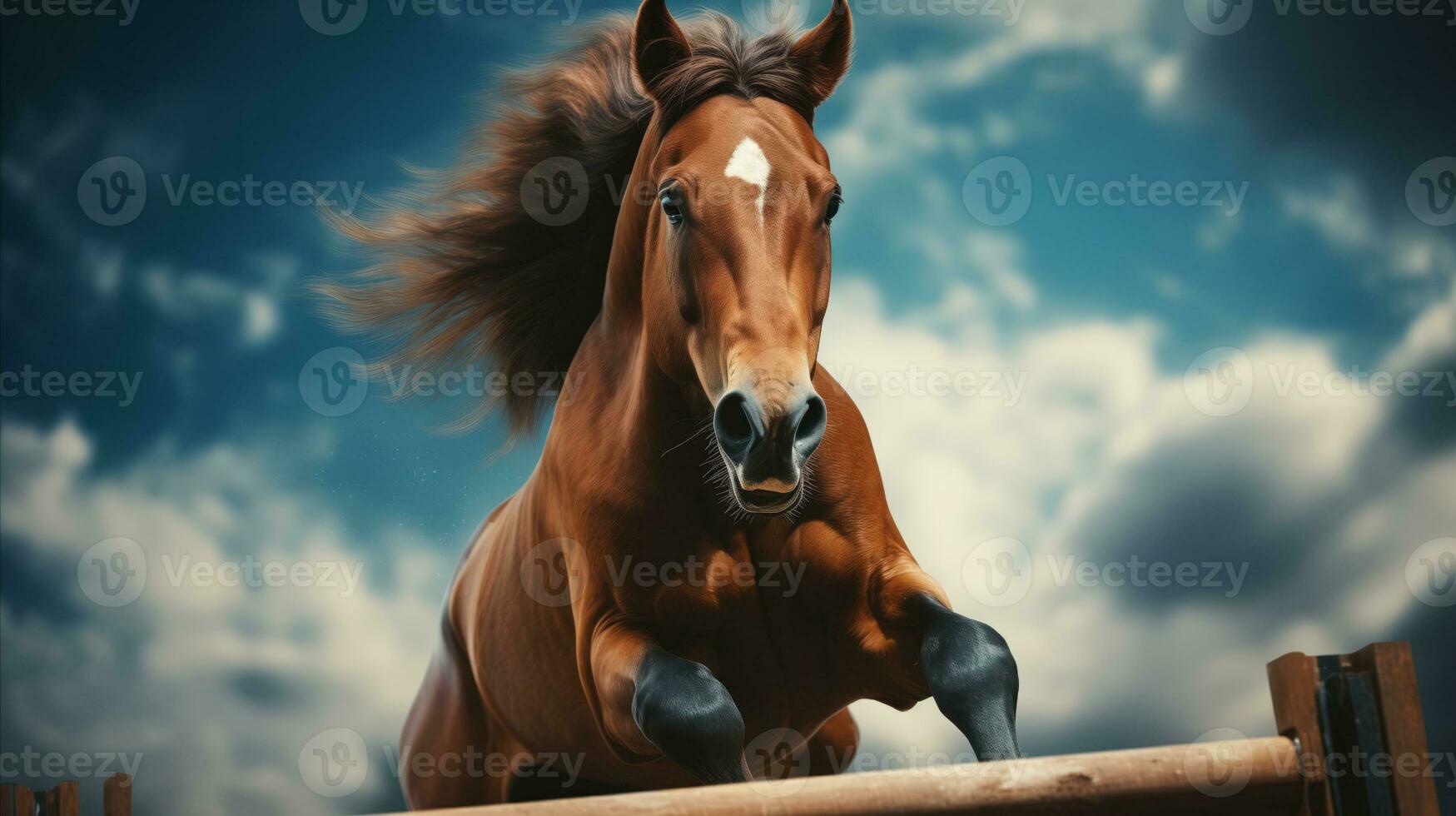 ai generado un caballo corriendo en el aire con un nublado antecedentes foto