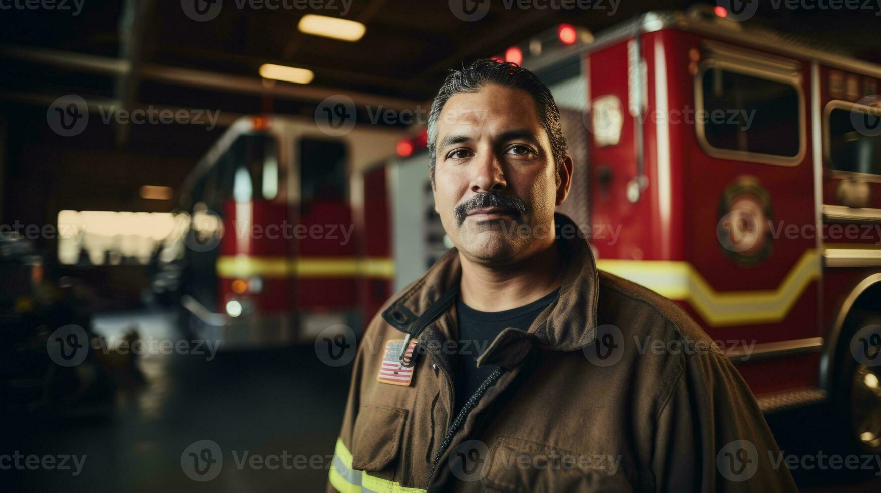 AI generated Firefighter posing in front of fire truck. Generative AI photo