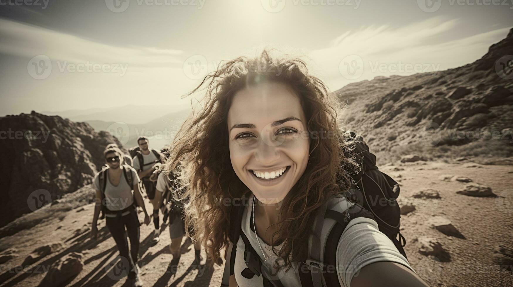 AI generated Group of tourist friends on a nature trip. Generative AI photo