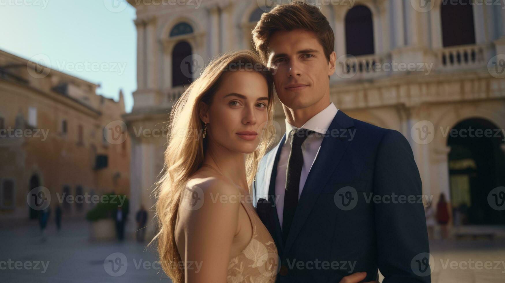 AI generated Young couple posing hugging in front of a historical building. Generative AI photo