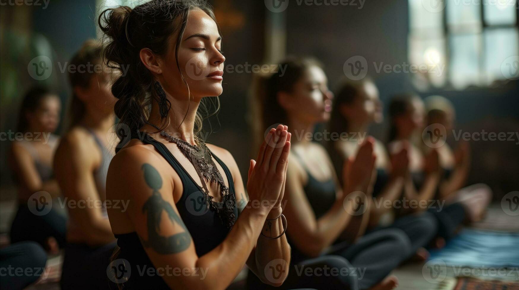 AI generated A female yoga instructor is leading a meditation session for a group of Caucasian individuals. photo
