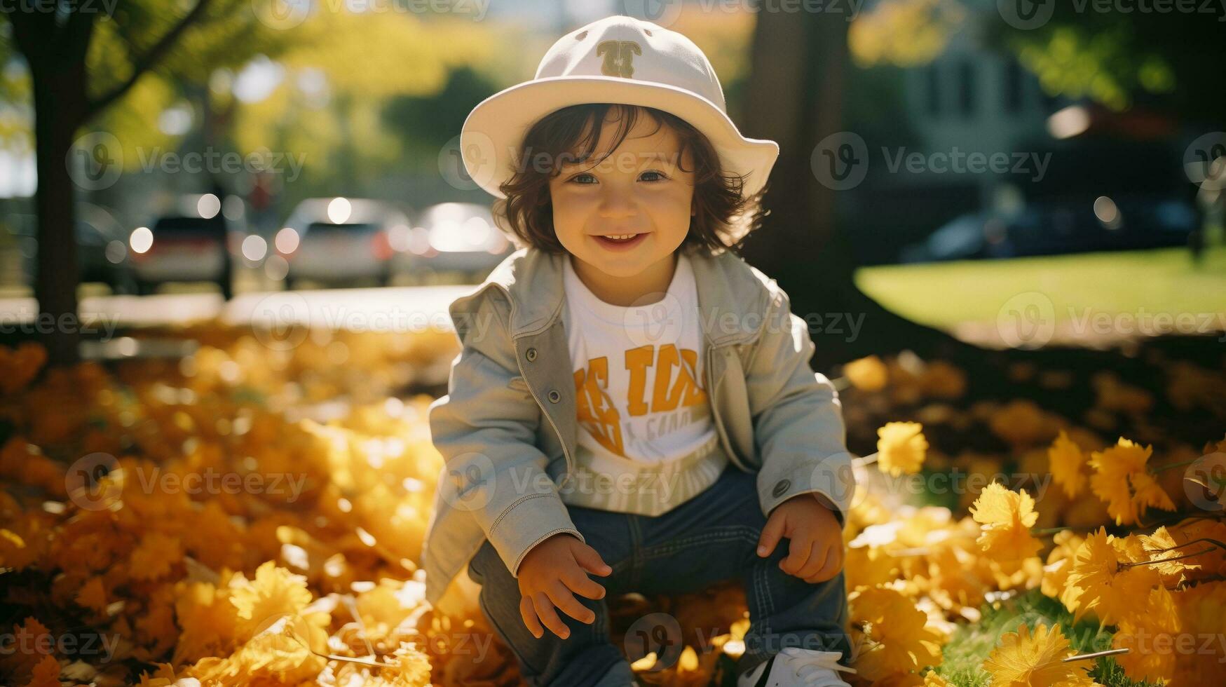 AI generated Happy little boy wearing a hat. Generative AI photo