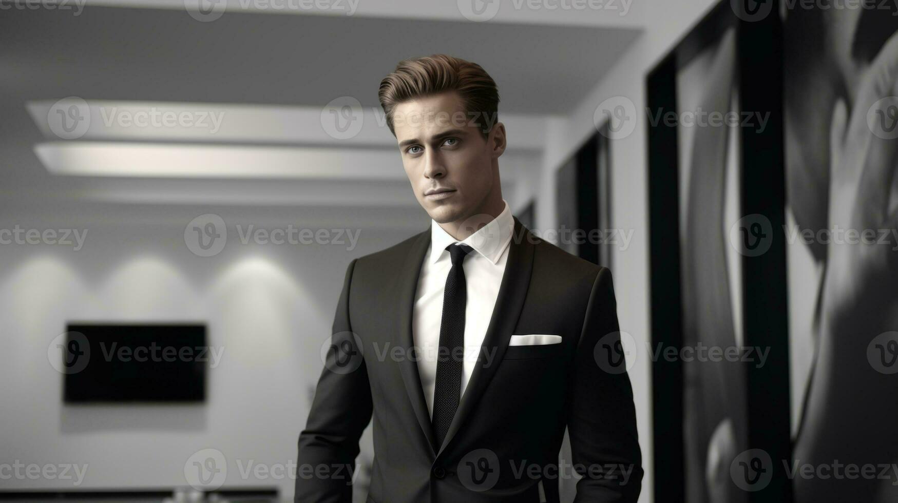 AI generated Young businessman in office corridor. Generative AI photo