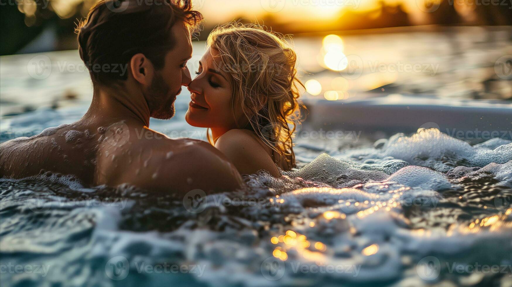 AI generated Young couple enjoying a pool photo