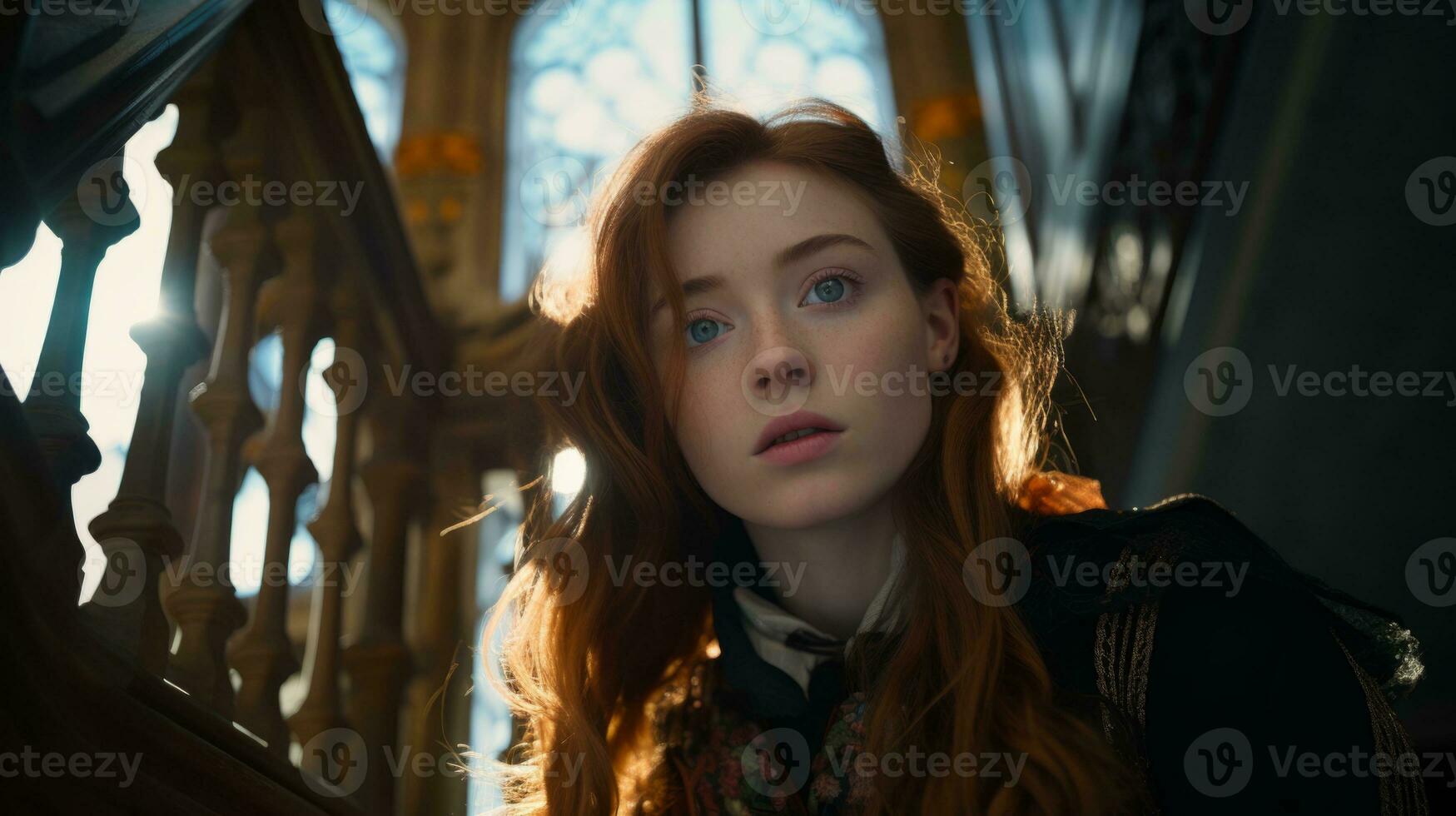 AI generated Adolescent girl dressed in historical clothes in a historic interior. Generative AI photo