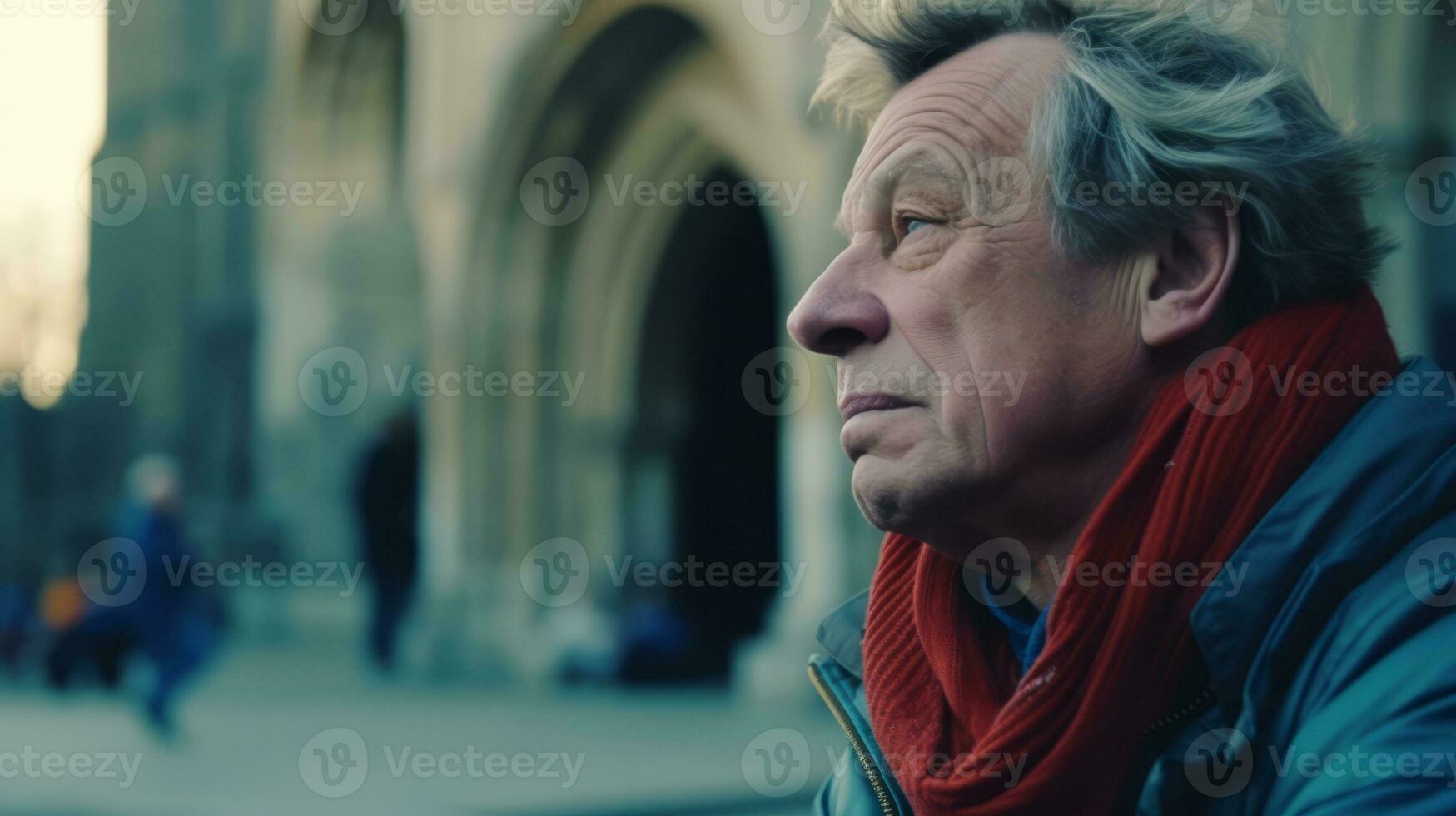 AI generated Old man sitting in front of church. Generative AI photo