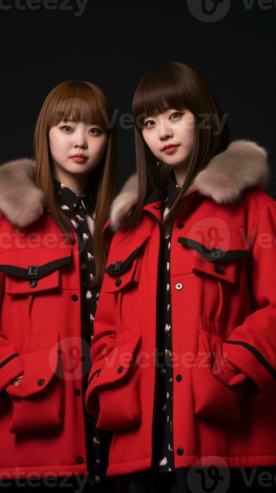 AI generated Two asian women in red coats walking together.. Generative AI photo