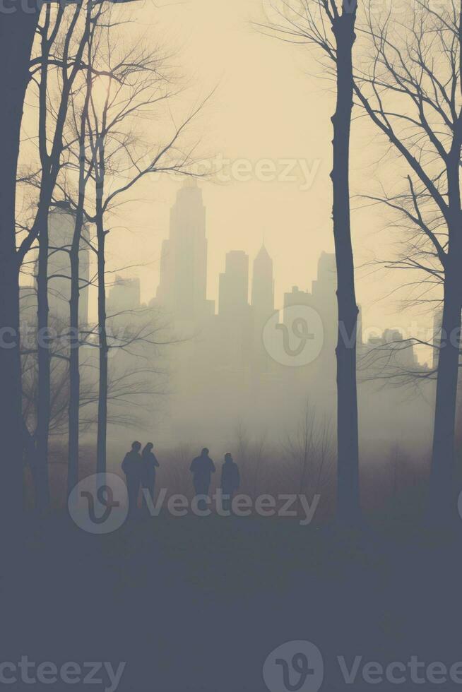 AI generated Silhouettes of skyscrapers in the city visible behind trees in a foggy weather photo