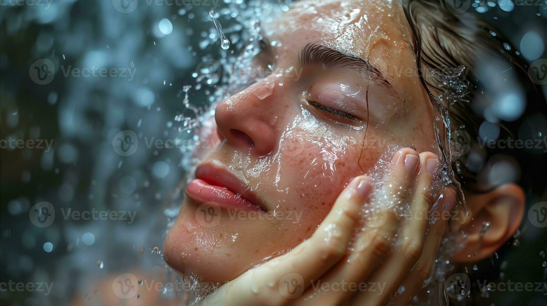 AI generated Young woman holding her face while taking a shower photo