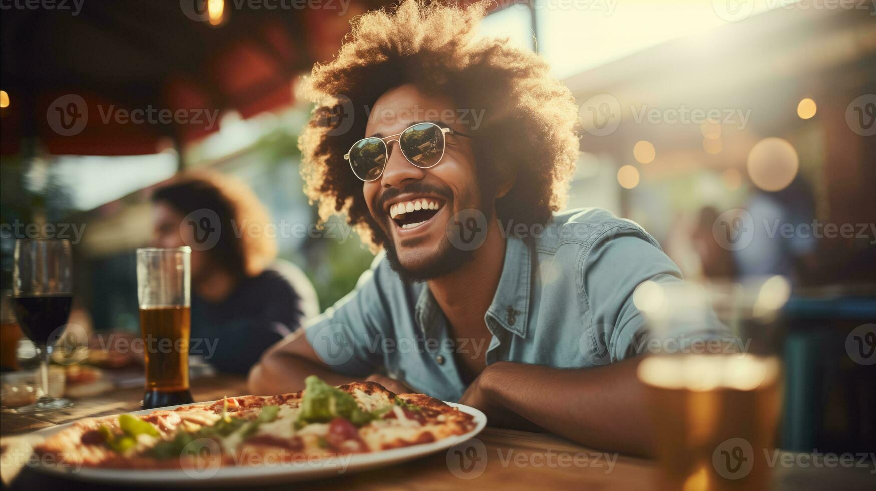 AI generated Young man standing in front of pizza at the table in a pizzeria photo