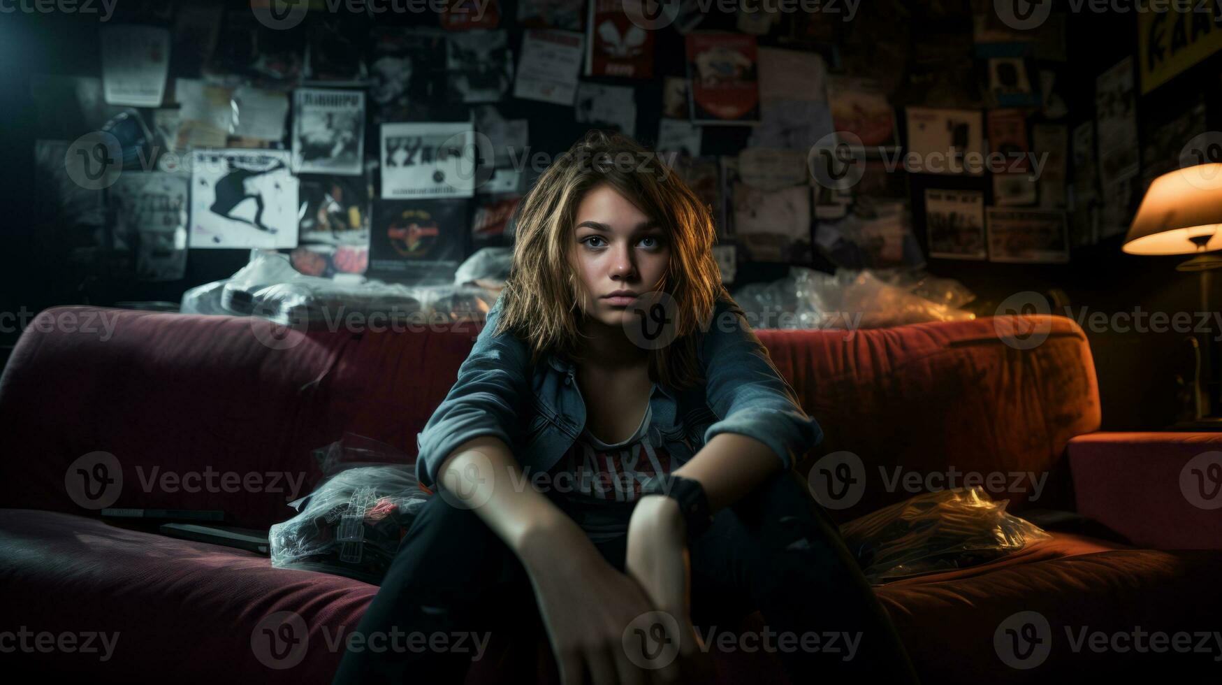 AI generated Unhappy teenage girl in her messy room. Generative AI photo