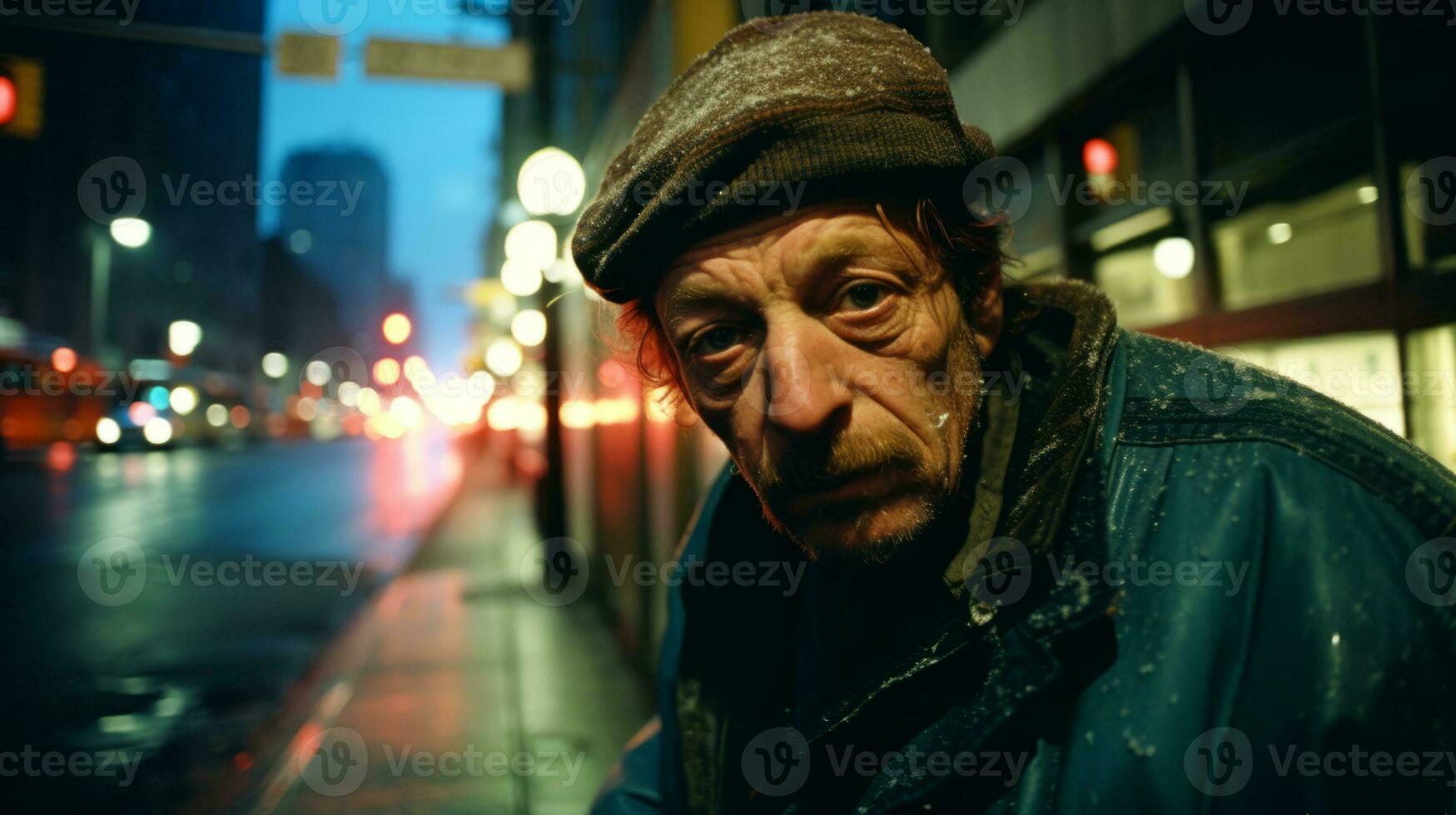 AI generated An ugly man on the city street at night. Generative AI photo