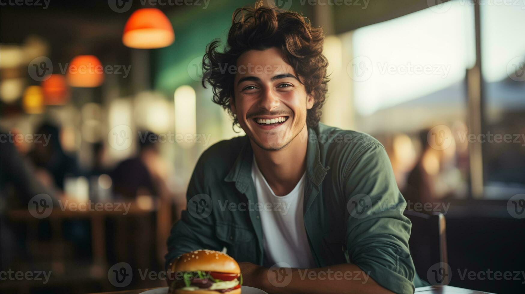 AI generated Young man standing in front of a hamburger at the table in a hamburger restaurant photo