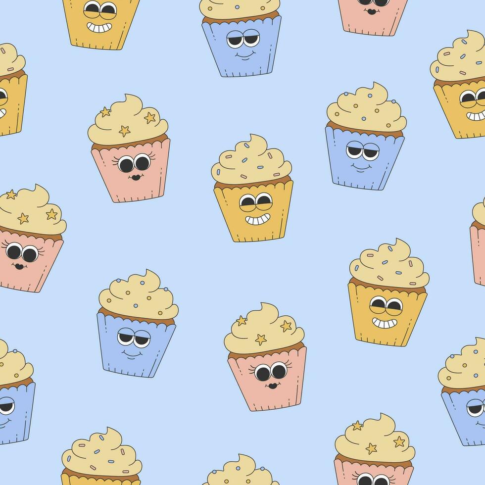 Seamless pattern of cute groovy cupcakes with whipped cream. Cartoon characters in trendy retro style on blue background vector