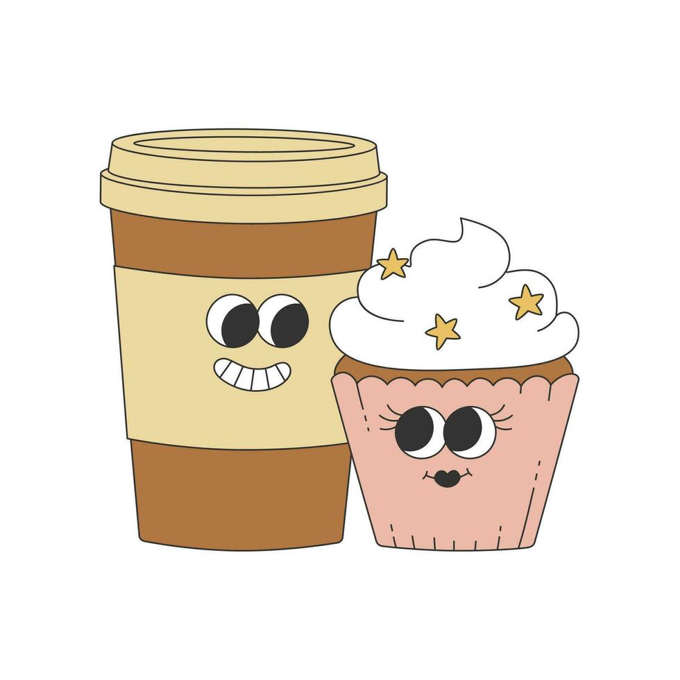 Groovy hippie coffee cup and muffin. Cartoon characters in trendy retro style. vector