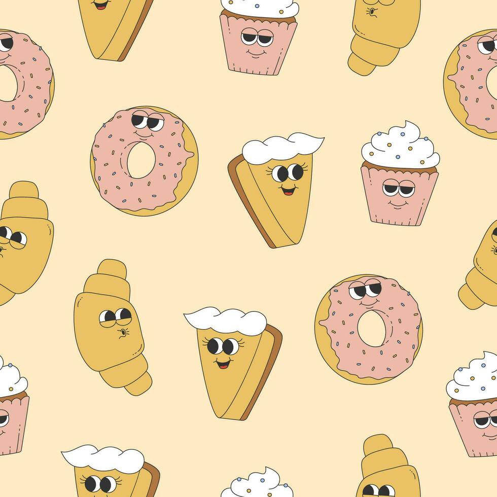 Seamless pattern of groovy cake, croissant, donut and cupcake. Cartoon character in trendy retro style on pink background vector