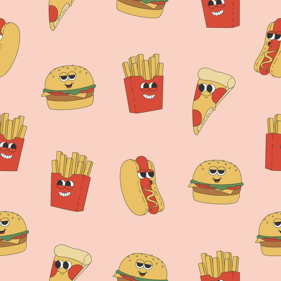 Seamless pattern with hot dog, burger, french fries and pizza. Cartoon characters in trendy retro style on pink background vector