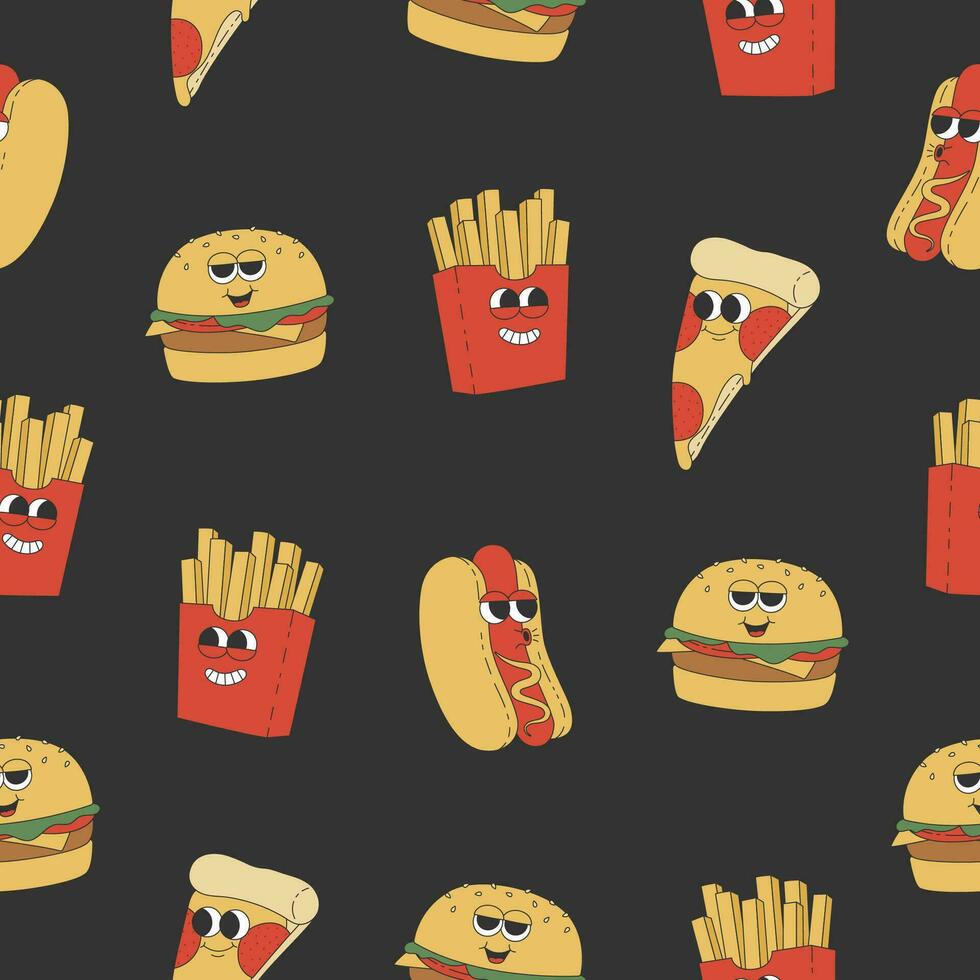 Seamless pattern with hot dog, burger, french fries and pizza. Cartoon characters in trendy retro style on dark background vector