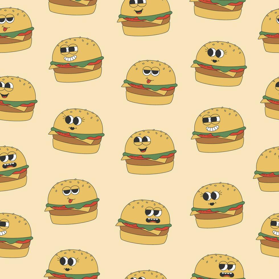 sin costura modelo con maravilloso hippie hamburguesas dibujos animados caracteres en de moda retro estilo en rosado antecedentes vector