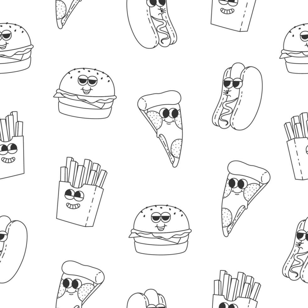Seamless pattern with line art hot dog, burger, french fries and pizza. Cartoon black characters in trendy retro style vector