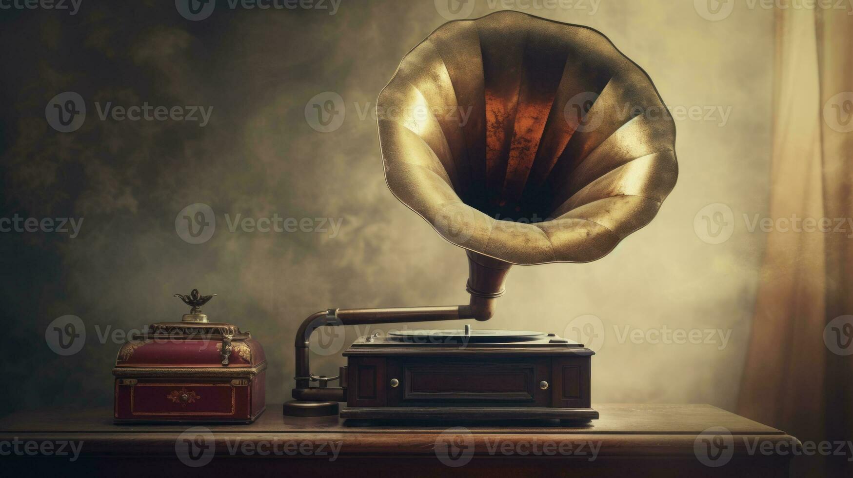AI generated Vintage gramophone and ornate jewelry box on a wooden table, with a textured backdrop and soft, atmospheric lighting. Old-fashioned record player. photo