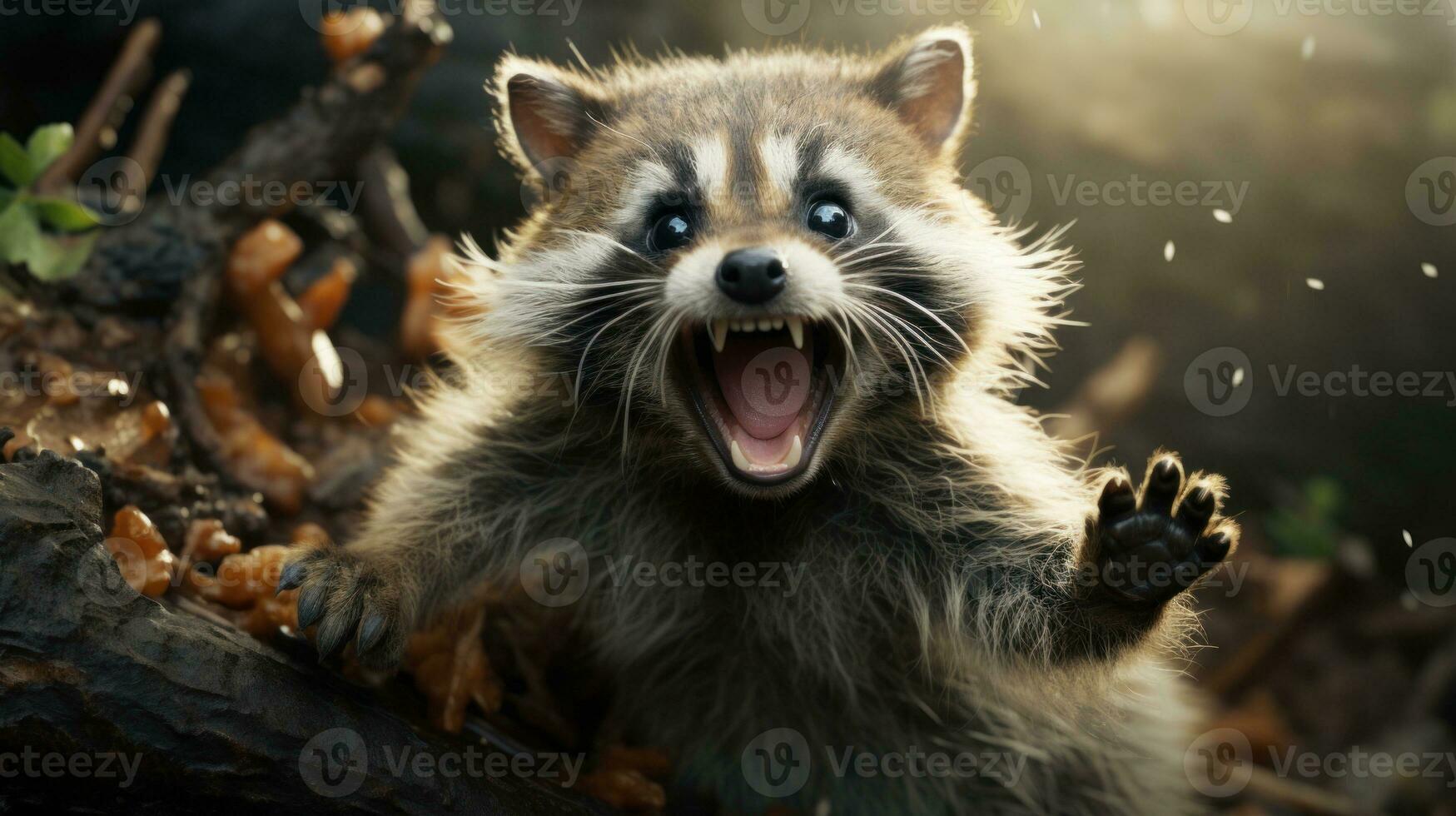AI generated Raccoon with raised paw and open mouth in the forest. Funny animal. Perfect for use in wildlife publications, conservation awareness, or as wall art. photo